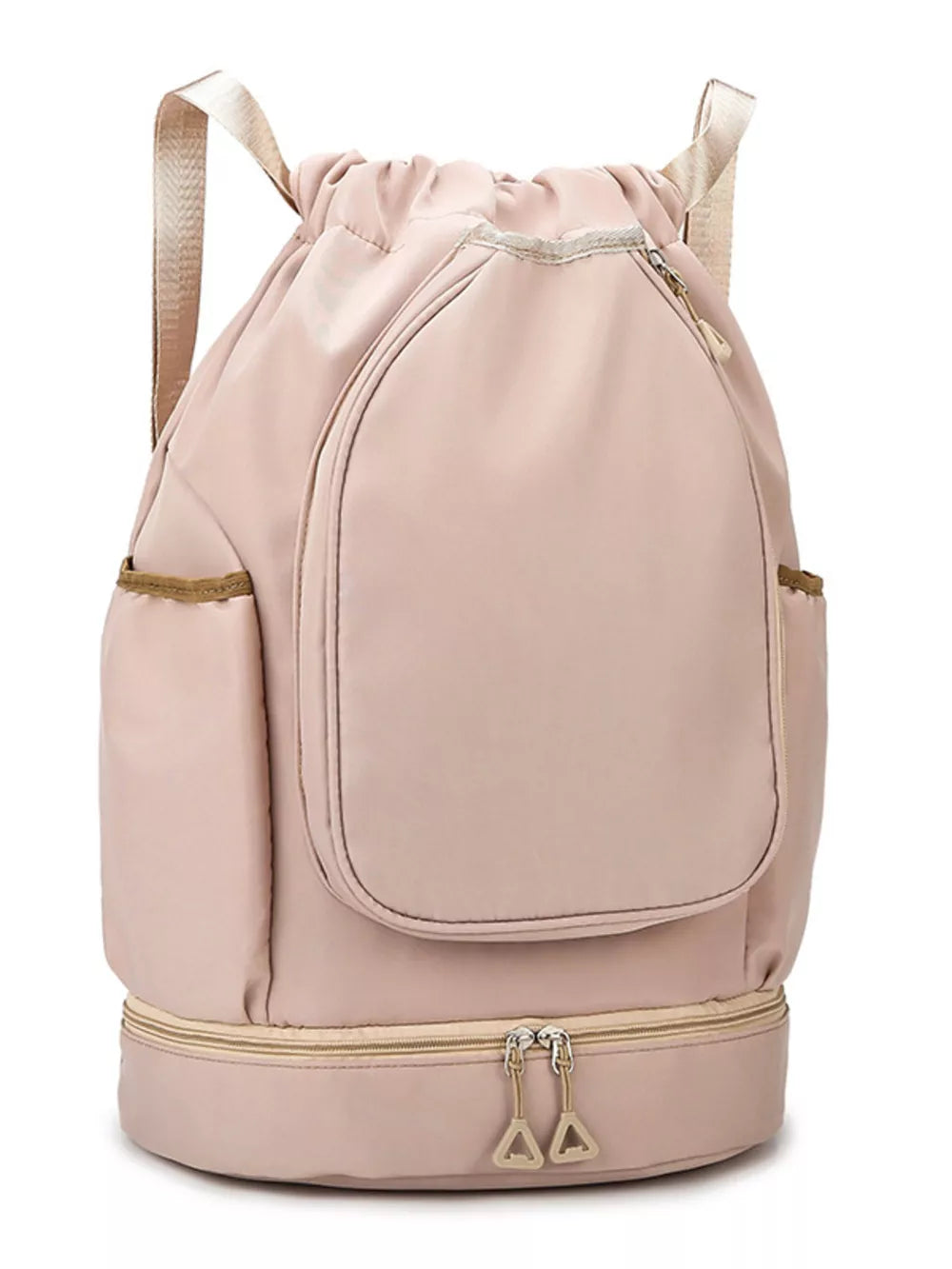 Blush pink drawstring duffle bag with front pocket and zippered bottom compartment.