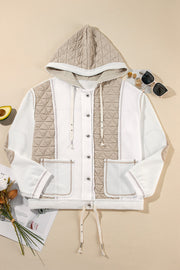 Quilted panel waffle knit hoodie in white with adjustable drawstring and button front.