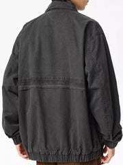 Men's dark gray casual zip jacket with elastic cuffs and hem.