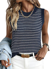 Navy blue and white striped knit sweater vest with a textured pattern and crew neck.