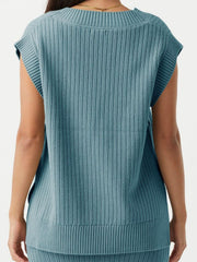 Air Force Blue ribbed knit V-neck tank sweater with cap sleeves and a sculpted fit.
