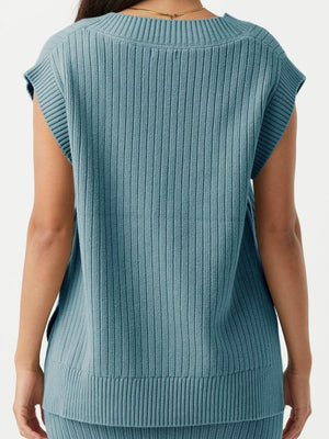 Air Force Blue ribbed knit V-neck tank sweater with cap sleeves and a sculpted fit.