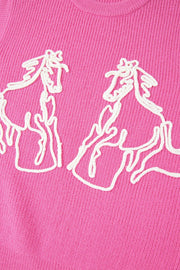 Fuchsia pink ribbed knit vest with embroidered white horse outlines.