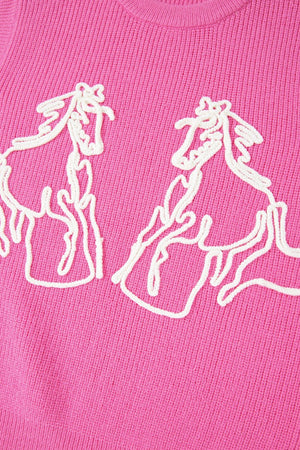 Fuchsia pink ribbed knit vest with embroidered white horse outlines.