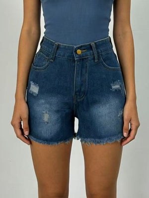Dark blue denim shorts with frayed hem and distressed details