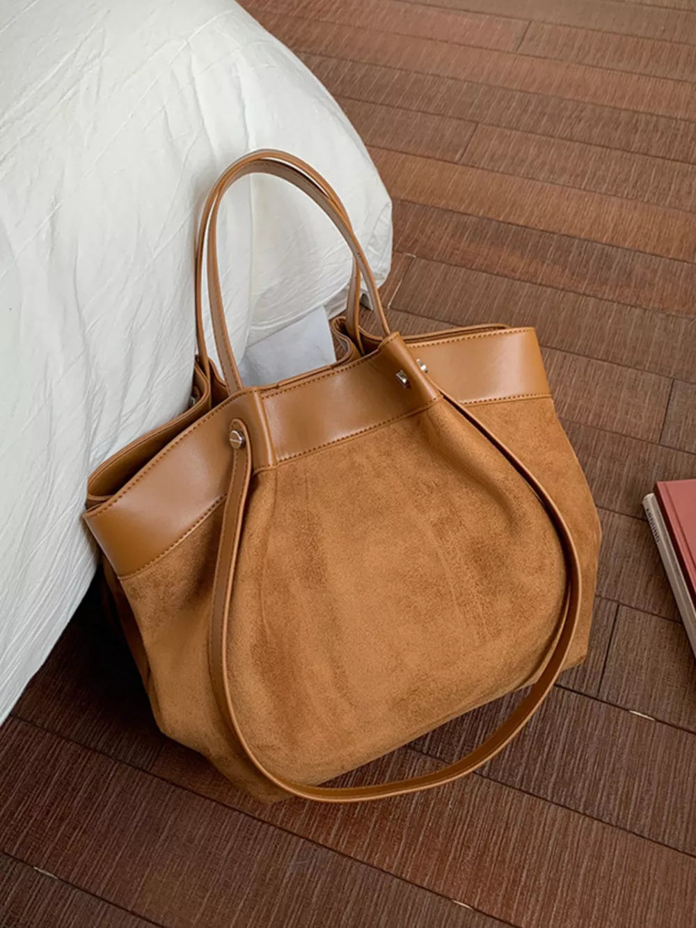 Suede And Leather Trim Shoulder Bag in Brown, side view