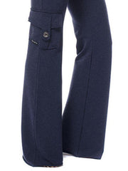 Dark Navy wide-leg cargo pants with buttoned flap pocket and drawstring waist.