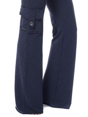 Dark Navy wide-leg cargo pants with buttoned flap pocket and drawstring waist.