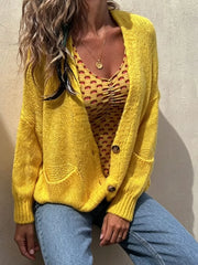 Full Size Chunky Knit Button-up Cardigan Plus Size in Yellow, close-up detail