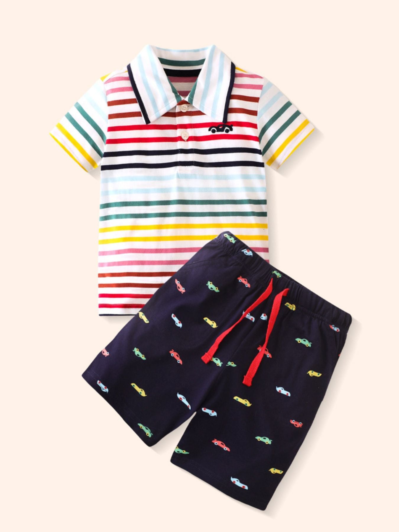 Striped polo shirt with car embroidery and navy shorts with car print toddler set