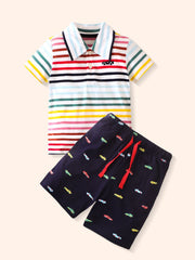 Striped polo shirt with car embroidery and navy shorts with car print toddler set