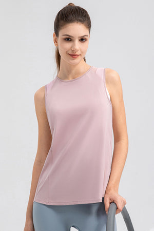 Dusty Pink mesh panel performance tank top with round neckline and sleeveless design.