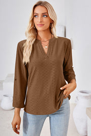 Textured henley shirt in mocha with V-neck and roll-tab sleeves