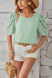 Light Green Textured Puff-Sleeve Blouse with Pom-Pom Details