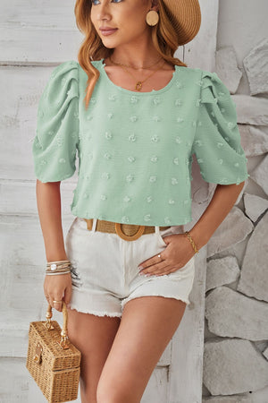 Light Green Textured Puff-Sleeve Blouse with Pom-Pom Details
