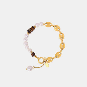 Gold link bracelet with pearls and tiger's eye beads