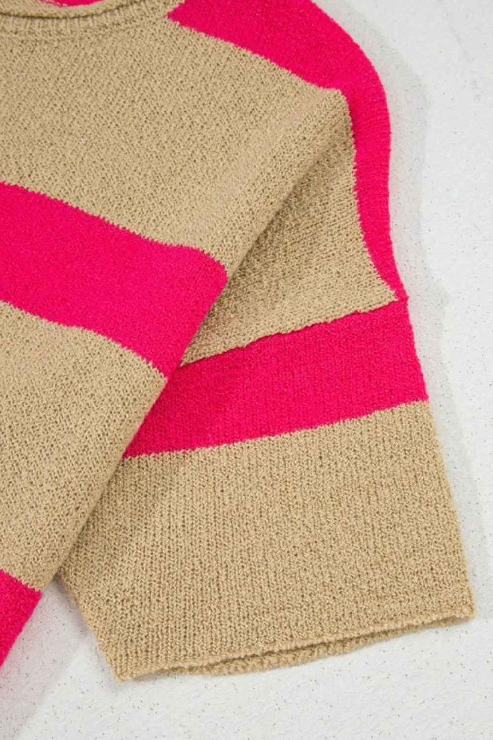 Metallic stripe boxy t-shirt in tan with bright pink stripes, acrylic knit.