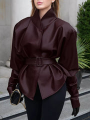 Stand Collar Belted Faux Leather Jacket in Wine Red, front view