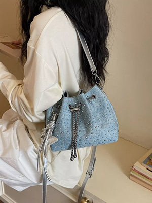 Drawstring Bucket Crossbody Bag in Blue, back view