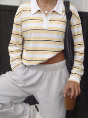 Striped Long Sleeve Polo Top in Yellow, close-up detail
