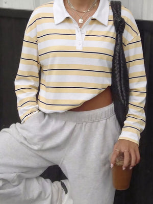 Striped Long Sleeve Polo Top in Yellow, close-up detail