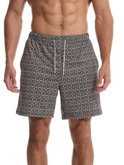Geometric print boardshorts in black with a drawstring waist.