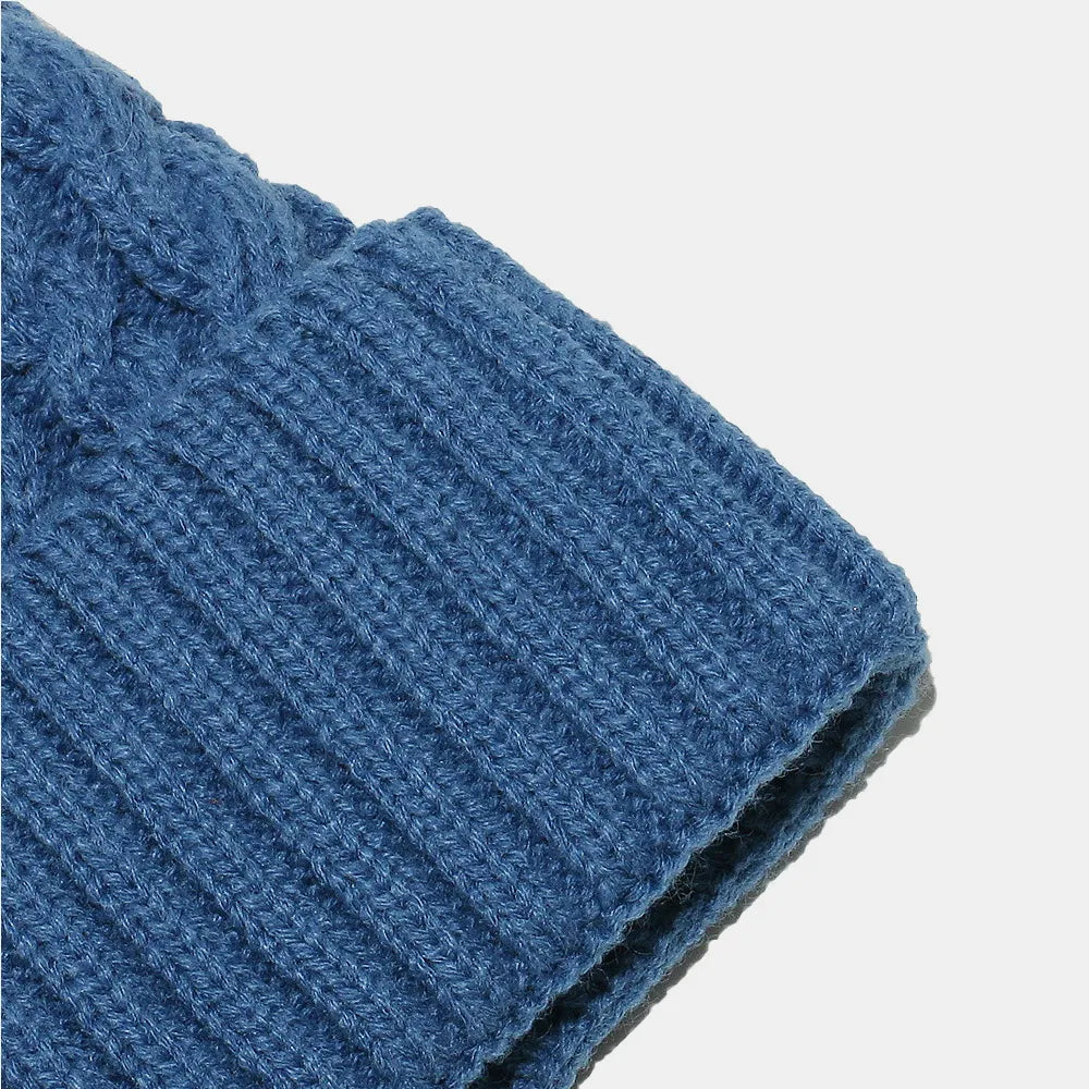 Peacock Blue acrylic cable knit beanie with ribbed cuff detail
