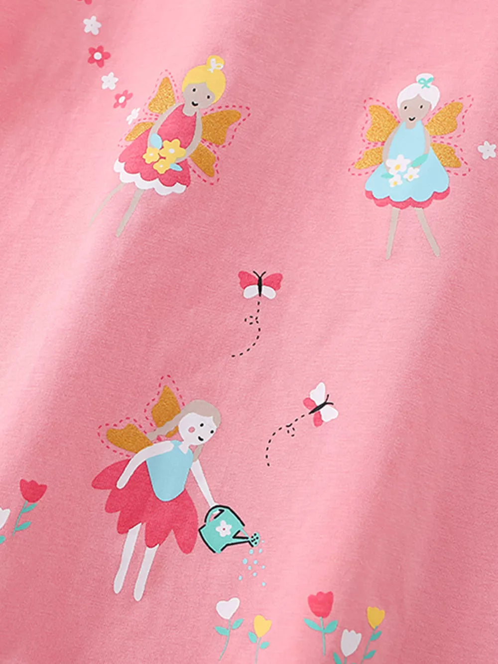 Pink cotton t-shirt with whimsical fairy print and butterflies.