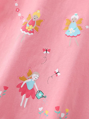 Pink cotton t-shirt with whimsical fairy print and butterflies.