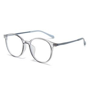 Lightweight clear acetate round frame glasses with blue temples.