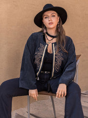 Dark Navy corduroy open-front jacket with leaf embroidery and gold trim.