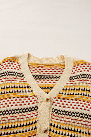 Geometric knit cropped cardigan in khaki with button front and V-neck.