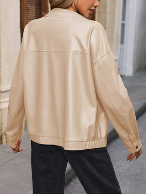 Khaki faux leather bomber jacket with elasticated cuffs and hem, and a collared neckline.