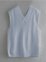 Pastel blue textured knit vest with V-neck and asymmetric hem