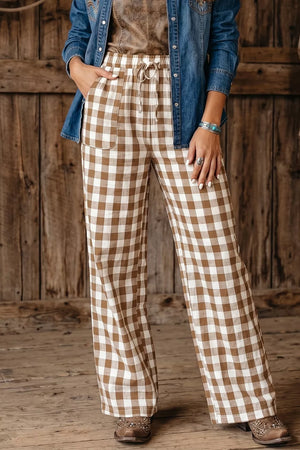 Gingham Plaid Tie Elastic Waist Shift Pants, front view