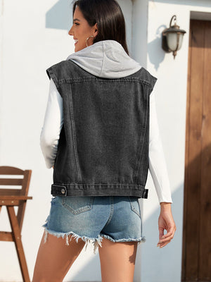 Sleeveless black denim vest with attached grey hood detail.