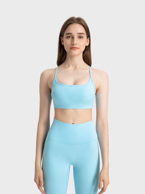 Strappy back active crop top in Pastel Blue with a square neckline.
