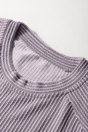 Gray ribbed knit drawstring co-ord set crew neck detail with textured stripes