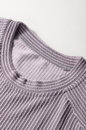 Gray ribbed knit drawstring co-ord set crew neck detail with textured stripes