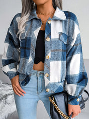 Oversized blue and white plaid shacket with patch pockets and button front.
