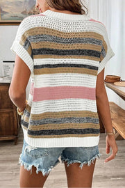 Open knit boxy tee with horizontal stripes in white, dusty pink, tan, and black.