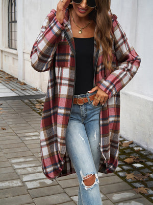 Draped plaid cocoon hoodie jacket in red and brown plaid with a zip front and hood.