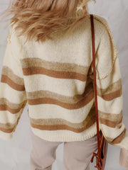Drop shoulder sweater in cream with brown stripes, acrylic blend, baggy fit, casual style.