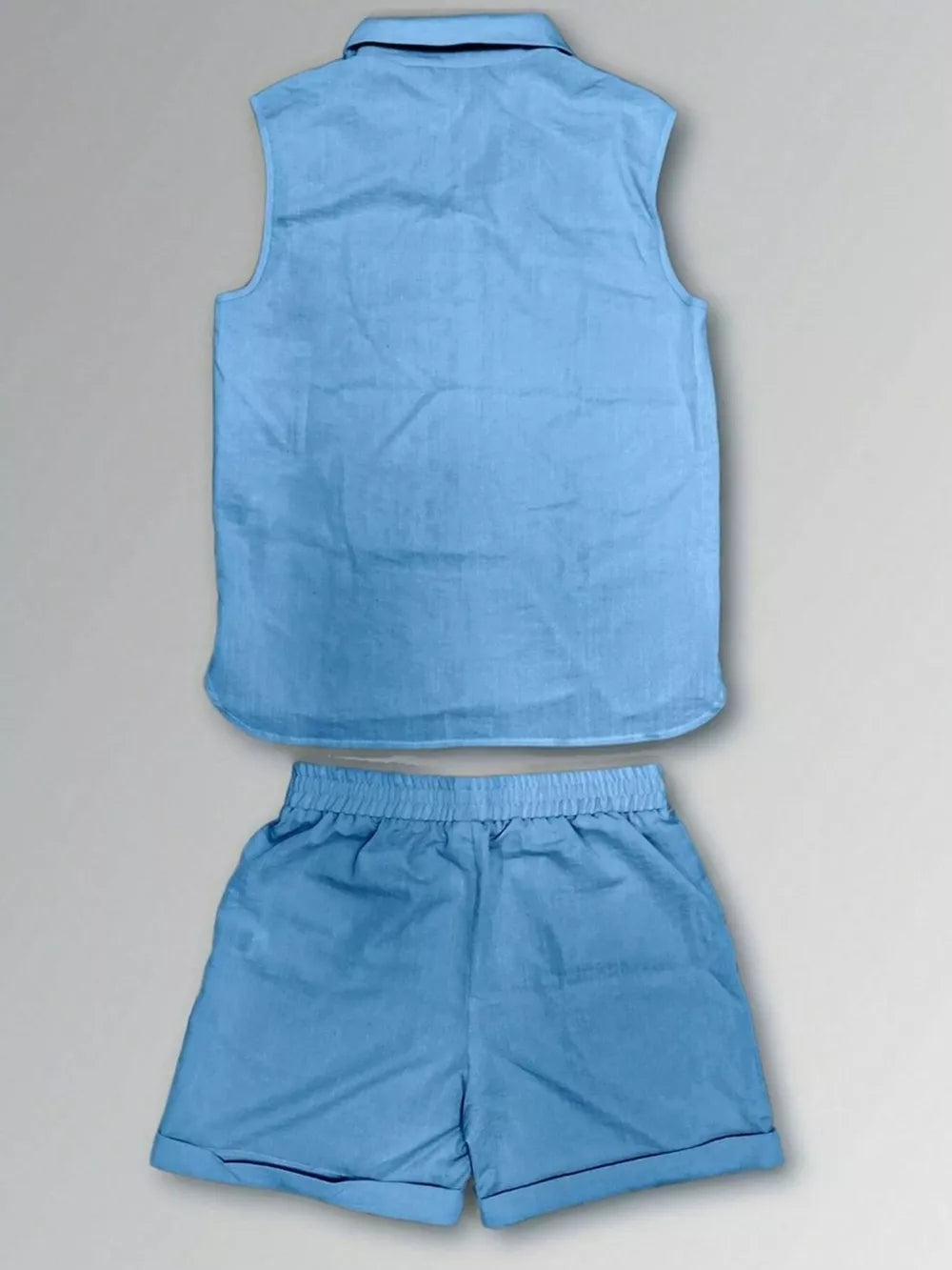 Sky blue sleeveless collared vest and elastic waist shorts set with cuffed hems