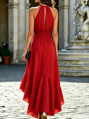 Ruffled High-low Sleeveless Maxi Dress in Black, fit detail