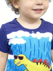 Blue crew neck t-shirt with a yellow dinosaur wearing sunglasses and a rainy sky print.