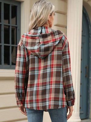 Plaid hooded henley shirt in brown with red and blue plaid pattern, casual long sleeve buttoned top.