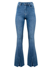 Medium wash cotton flare jeans with split hems