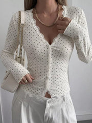 Lace Trim V-neck Ribbed Long Sleeve Blouse in Dark Blue, front view