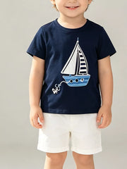 Navy graphic t-shirt for toddlers with a sailboat and anchor design.